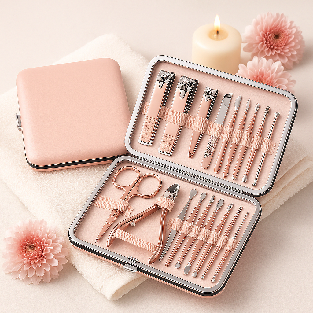 Kit de Higiene Personal 12 en 1 Rosado – Manicure, Pedicure, Facial y Oídos con Estuche de Viaje